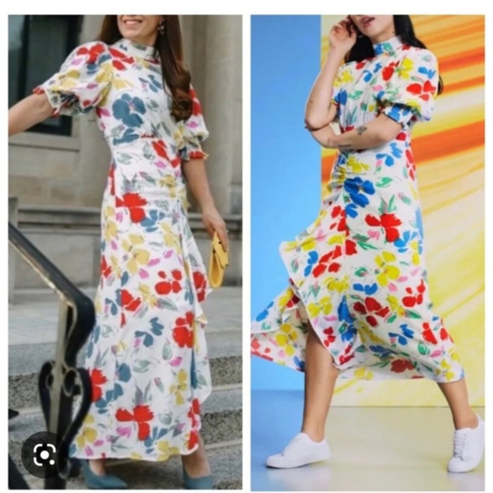 RIXO floral ruched midi dress